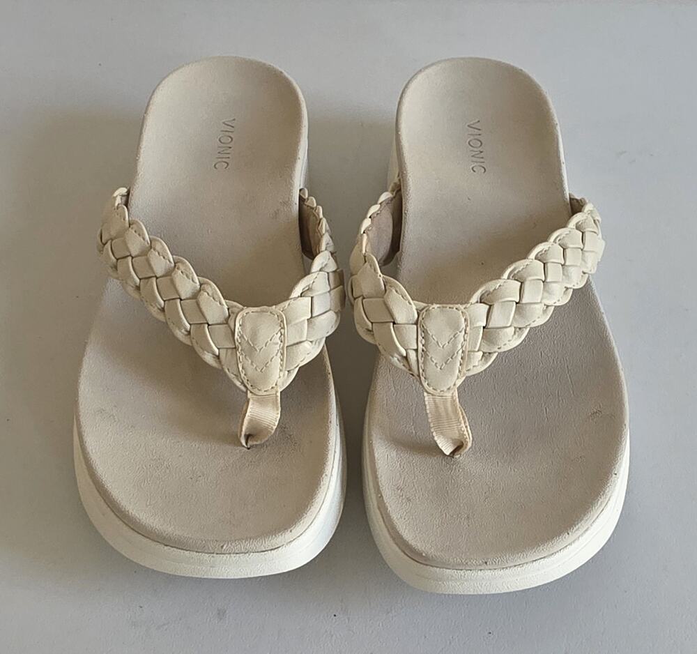 Vionic Women's Kenji Braided Platform Flip Flop Sandals Cream Sz 9.5